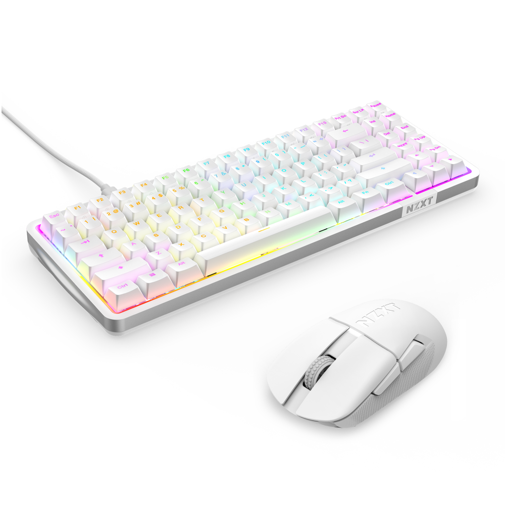 The NZXT Function Elite MiniTKL mechanical keyboard with adjustable actuation and RGB lighting, connected by a white cable, pairs with the matching NZXT Lift Elite Wireless mouse—both in white for a coordinated setup.