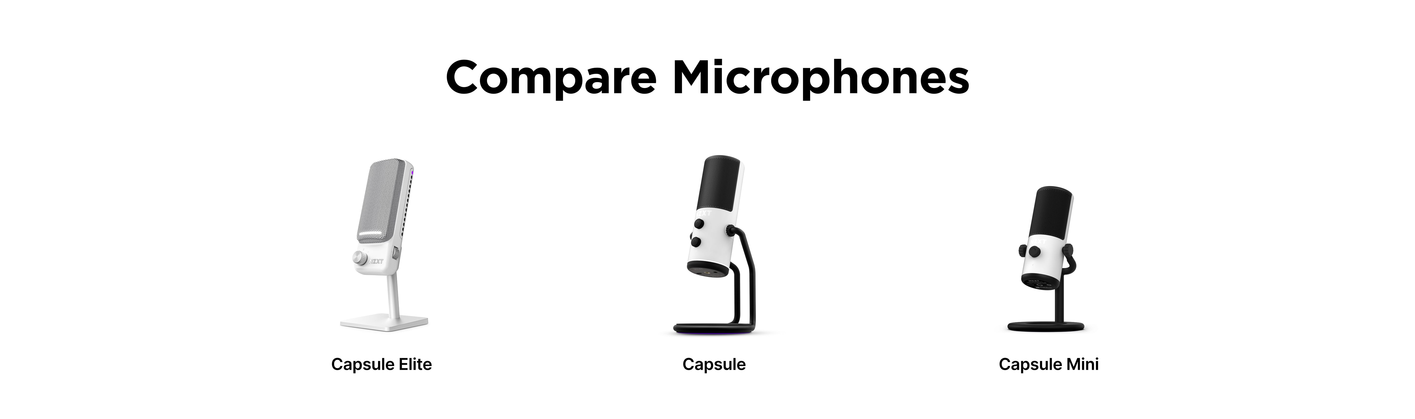 Three microphones are displayed side by side with labels: Capsule Elite on the left, Capsule in the center, and Capsule Mini on the right, under the heading Compare Microphones.