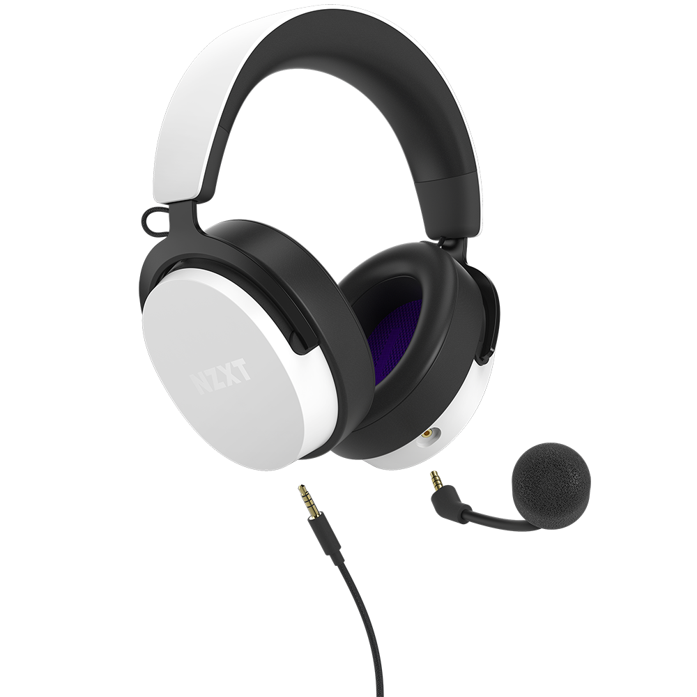 The NZXT Relay Headset features a cushioned headband, large ear cups, attached mic, detachable audio cable, and 3D spatial audio support for immersive gaming. Available in black and white.