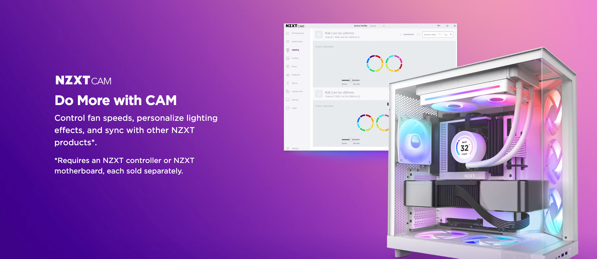 A white RGB-lit gaming PC case is shown next to a computer screen displaying the NZXT CAM software, with text describing CAM features like fan speed control and lighting customization on a purple gradient background.