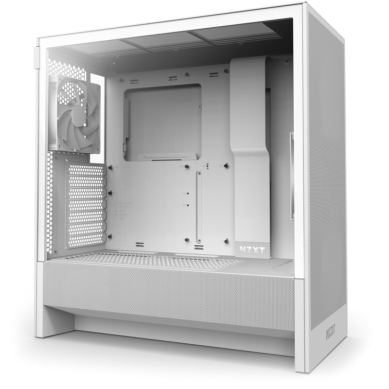 The NZXT H5 Flow + Kraken Elite 240 is a white PC case with a transparent side panel, featuring an empty interior, cable management bar, and perforated PSU cover—clean and modern, ready for advanced GPU cooling or Kraken Elite installation.