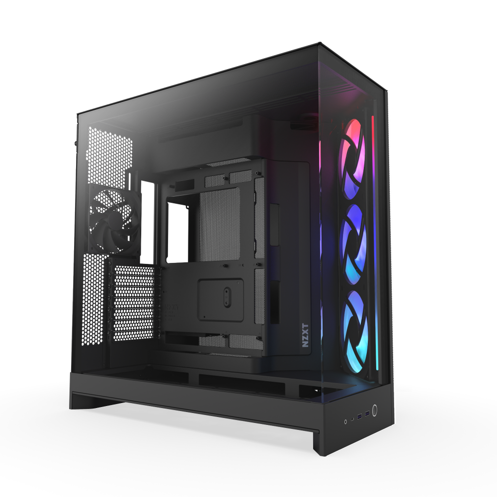 The NZXT H9 Flow RGB is a black mid-tower ATX case with a transparent side panel, front RGB fans for airflow, and ports plus buttons located on the lower front edge.