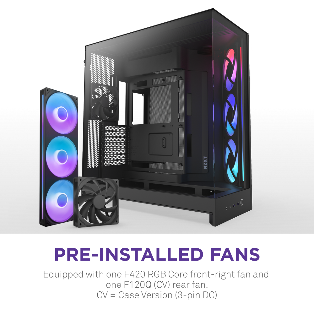 The NZXT H9 Flow RGB mid-tower ATX case features three pre-installed fans for optimal airflow—two front-mounted illuminated RGB fans and one standard black fan—with fan models and placement details listed below.