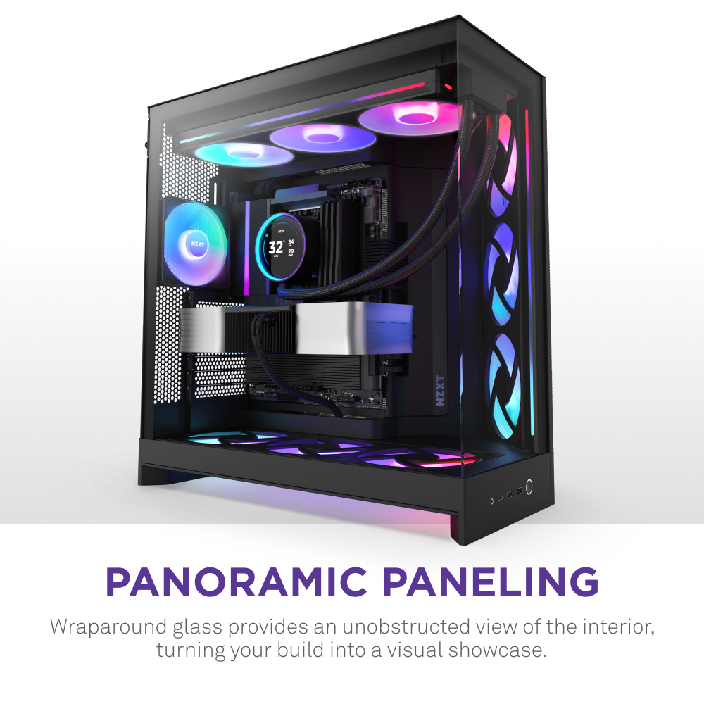 The NZXT H9 Flow RGB mid-tower ATX case features panoramic wraparound glass and a dual-chamber design, offering an unobstructed view of RGB lighting, fans, and components inside. Text: Panoramic Paneling.