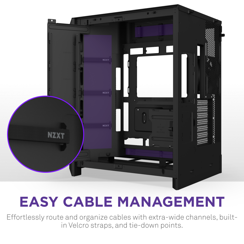 Open NZXT H9 Flow RGB mid-tower ATX case displays cable management features like wide channels, built-in NZXT-branded Velcro straps, and tie-down points. Inset zooms in on a Velcro strap securing cables.