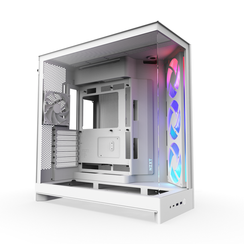 The NZXT H9 Flow RGB is a white mid-tower ATX case with a glass side panel, three RGB front fans, one white rear fan, and an open interior for efficient airflow and easy PC component installation.
