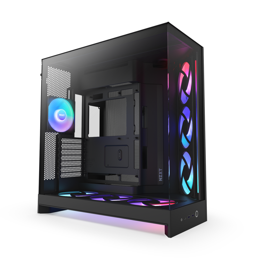 The NZXT H9 Flow RGB+ is a sleek black PC case with tempered glass panels, three front and one rear RGB fans, bottom-edge RGB lighting, and a dual-chamber design for spacious airflow and easy installation.