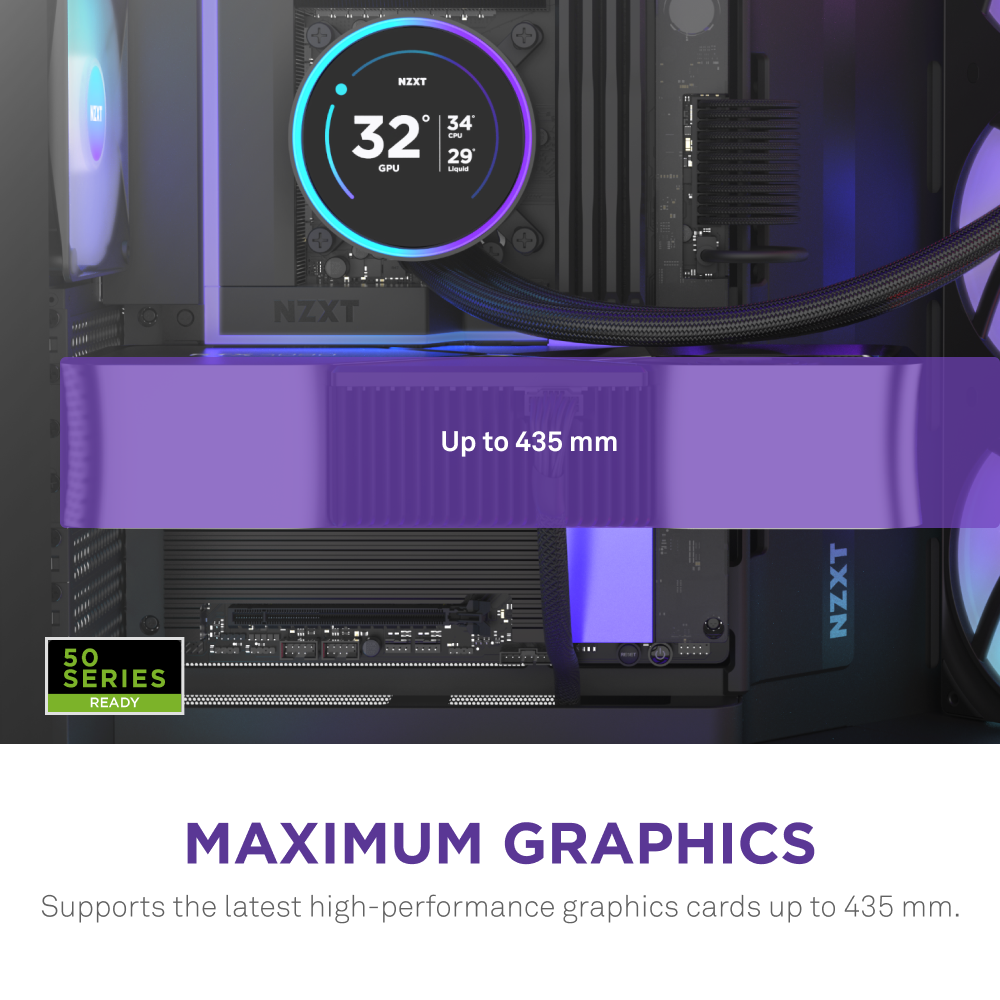 A close-up of the NZXT H9 Flow RGB+ PC interior shows an airflow GPU bar labeled Up to 435 mm. Text below reads: MAXIMUM GRAPHICS. Supports high-performance graphics cards up to 435 mm.