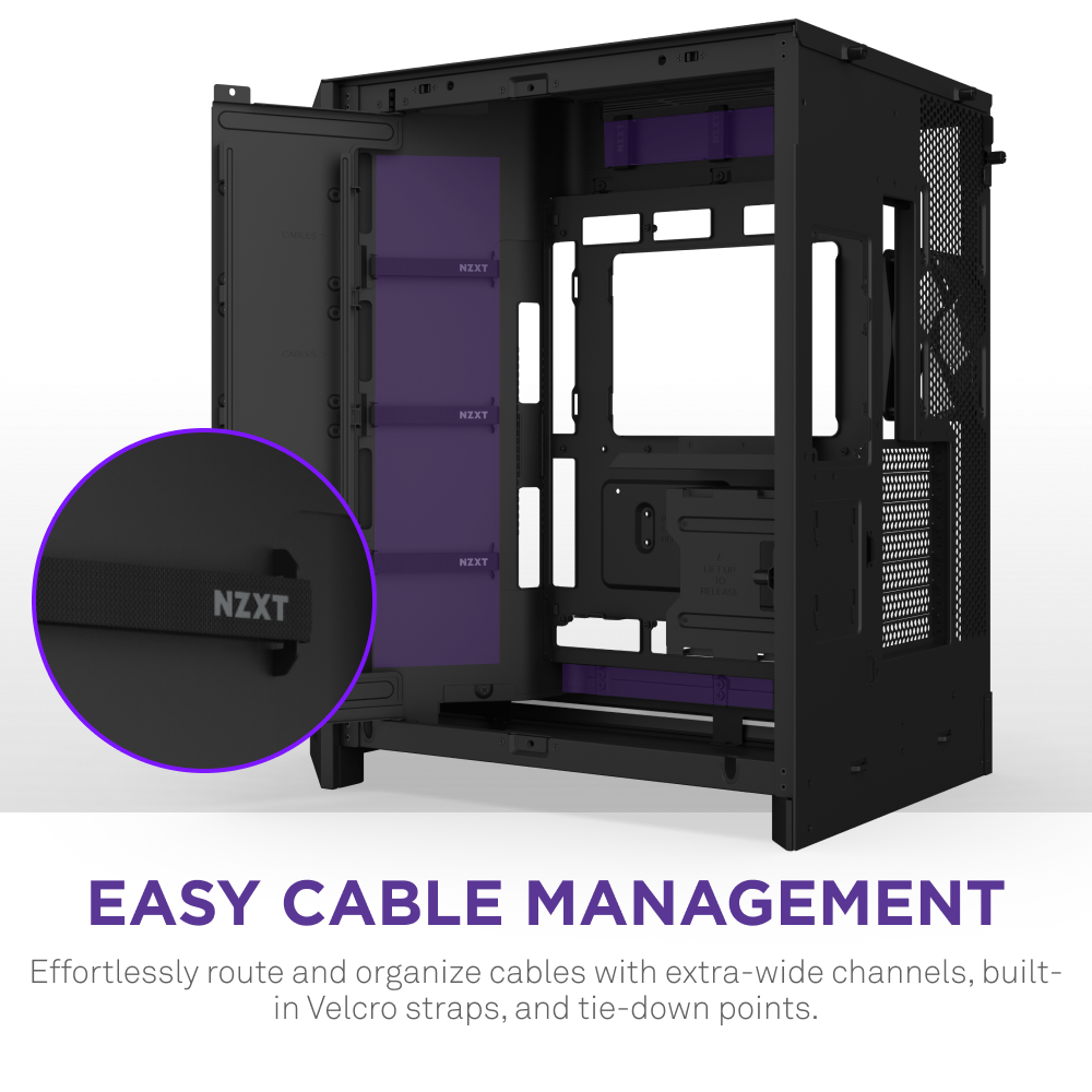 The NZXT H9 Flow RGB+ is a black PC case featuring highlighted cable channels, NZXT-branded Velcro straps, and tie-down points for easy cable management, while its dual-chamber design optimizes airflow.