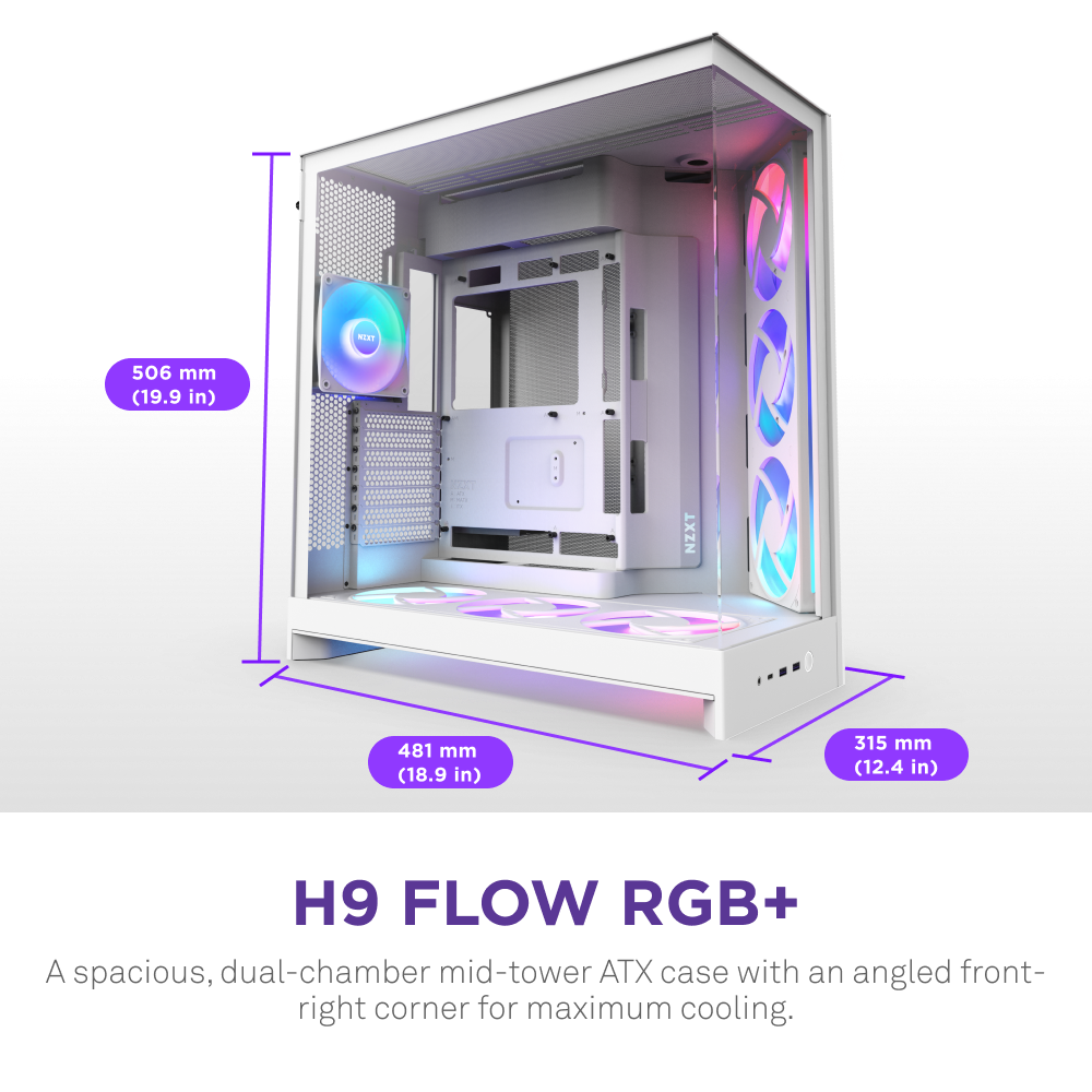 The NZXT H9 Flow RGB+ is a white dual-chamber ATX case with RGB fans and lighting, an angled front-right corner, and optimized airflow. Dimensions: 506 mm (H) x 481 mm (D) x 315 mm (W).