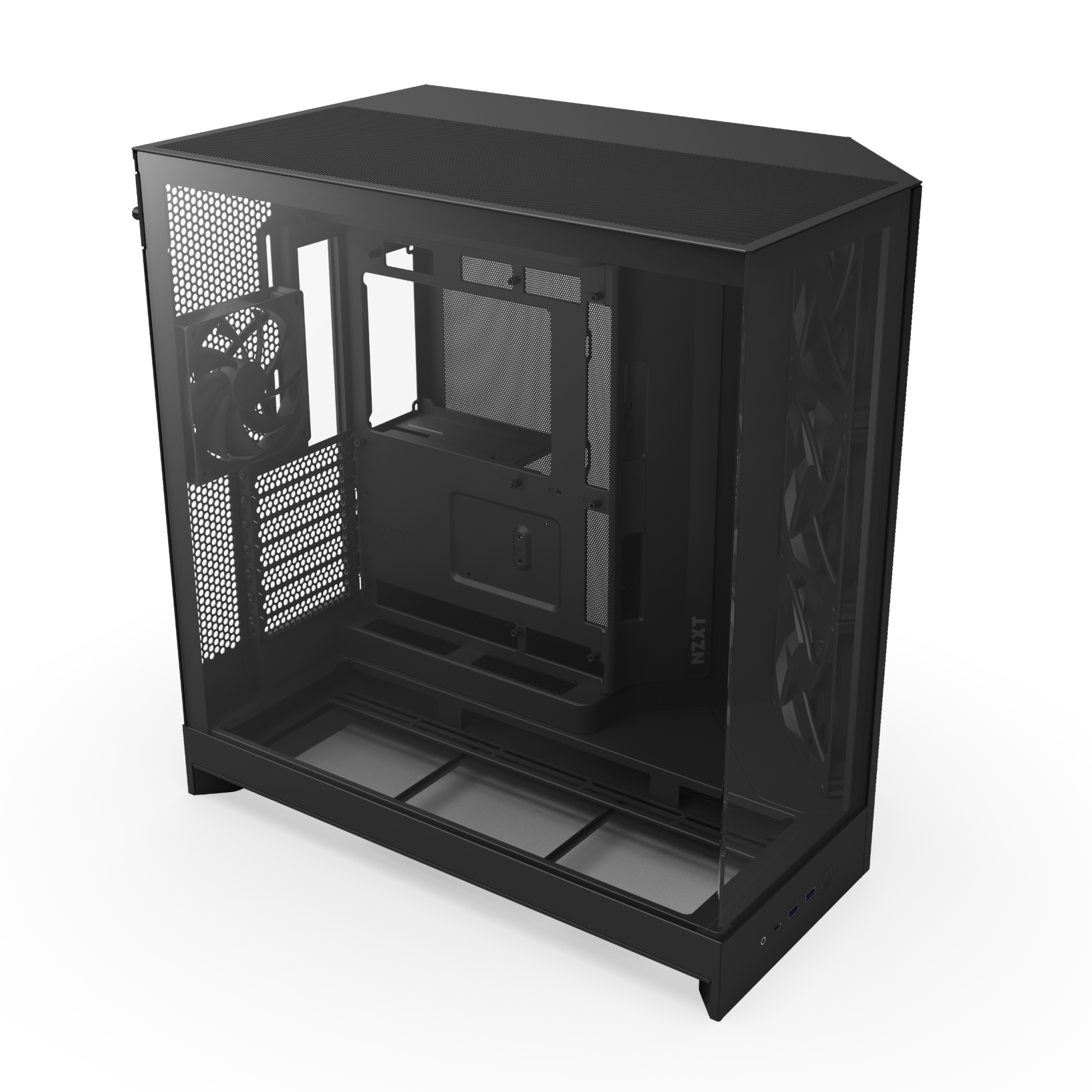 The NZXT Refurbished Player Three Prime - #8446 is a black PC case with a transparent side panel, rear fan, front ports, and internal mounts—perfect for building Certified Refurbished Gaming PCs—displayed on a white background.