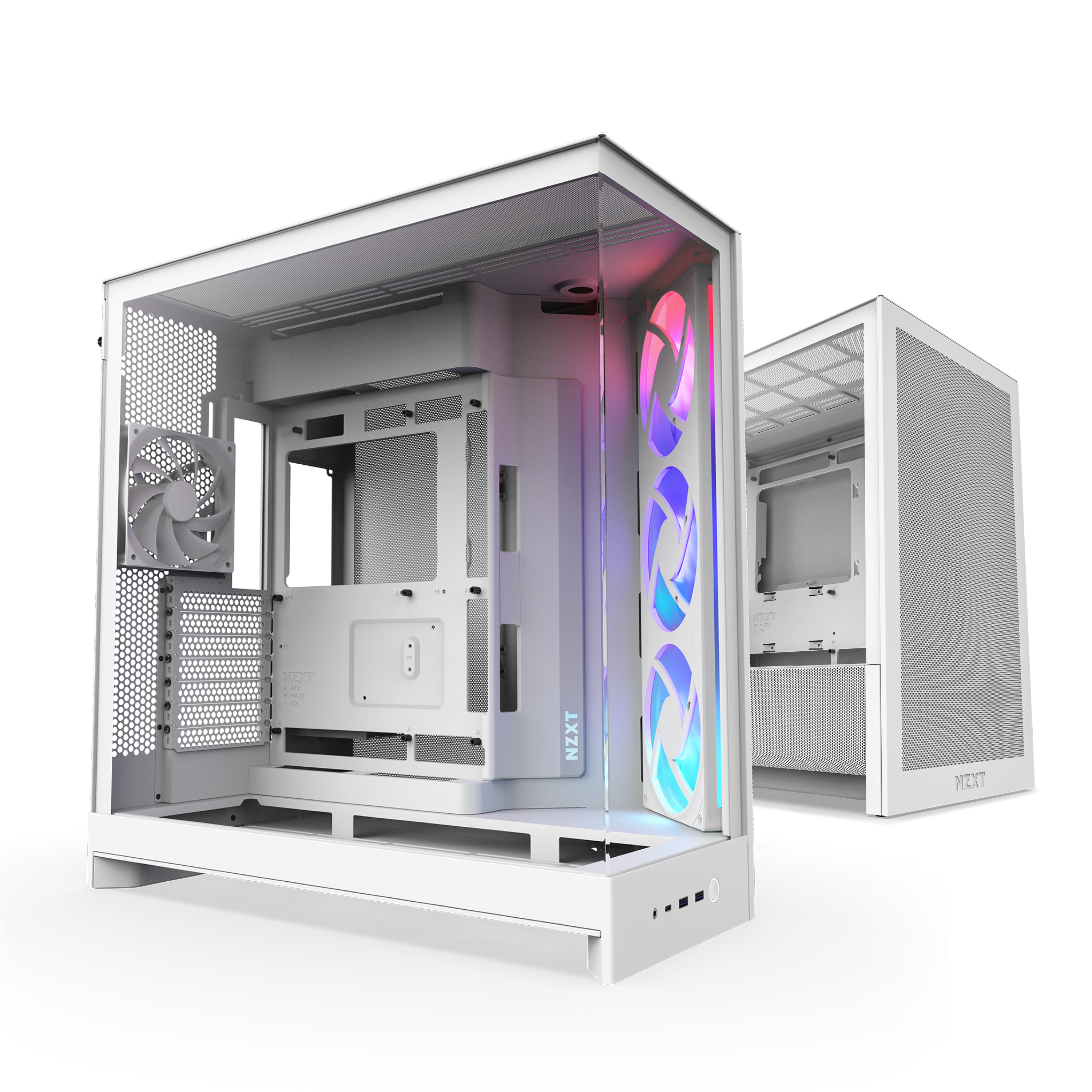 A white NZXT computer case with tempered glass panels, RGB fans glowing in blue and purple, and an open, spacious interior designed for custom PC building. Another similar case is positioned in the background.