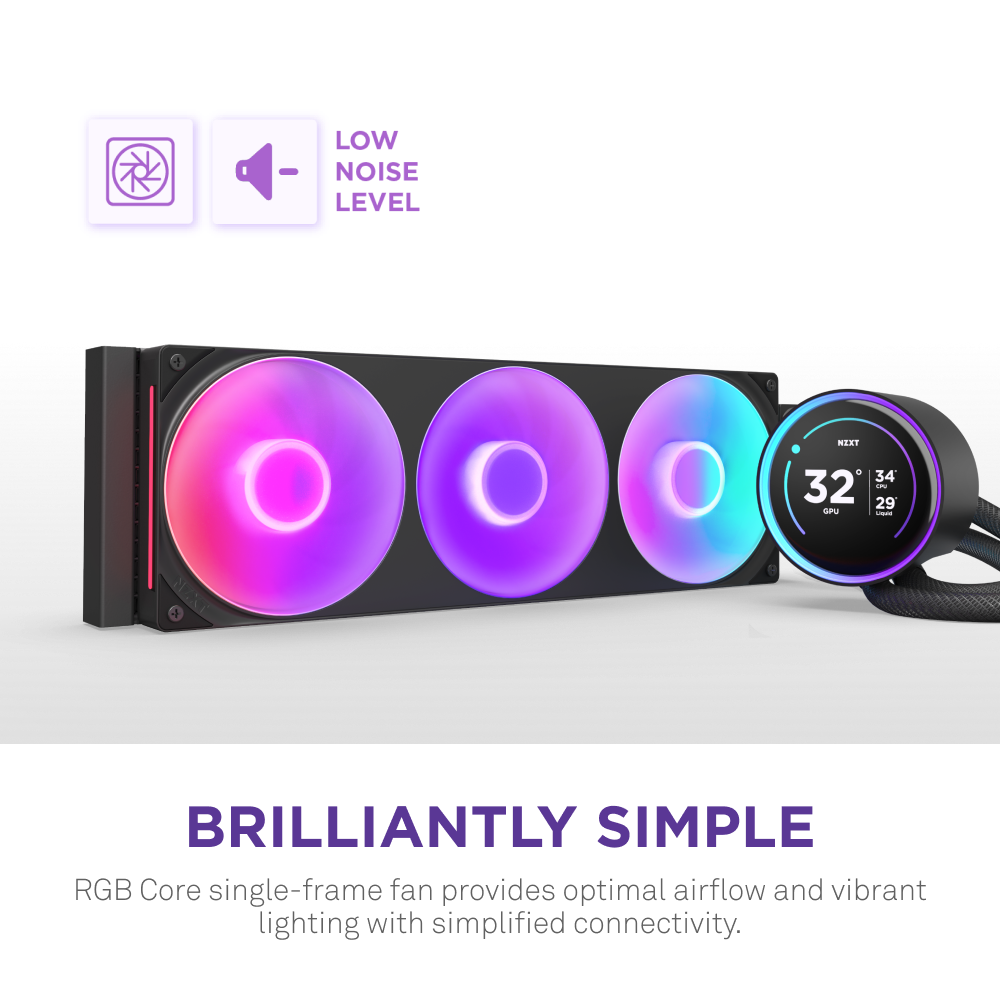 The NZXT Kraken Elite 420 RGB is a liquid cooling system with three RGB-lit fans and a circular digital display. Its RGB Core single-frame fans provide optimal airflow, vibrant lighting, and easy connectivity.