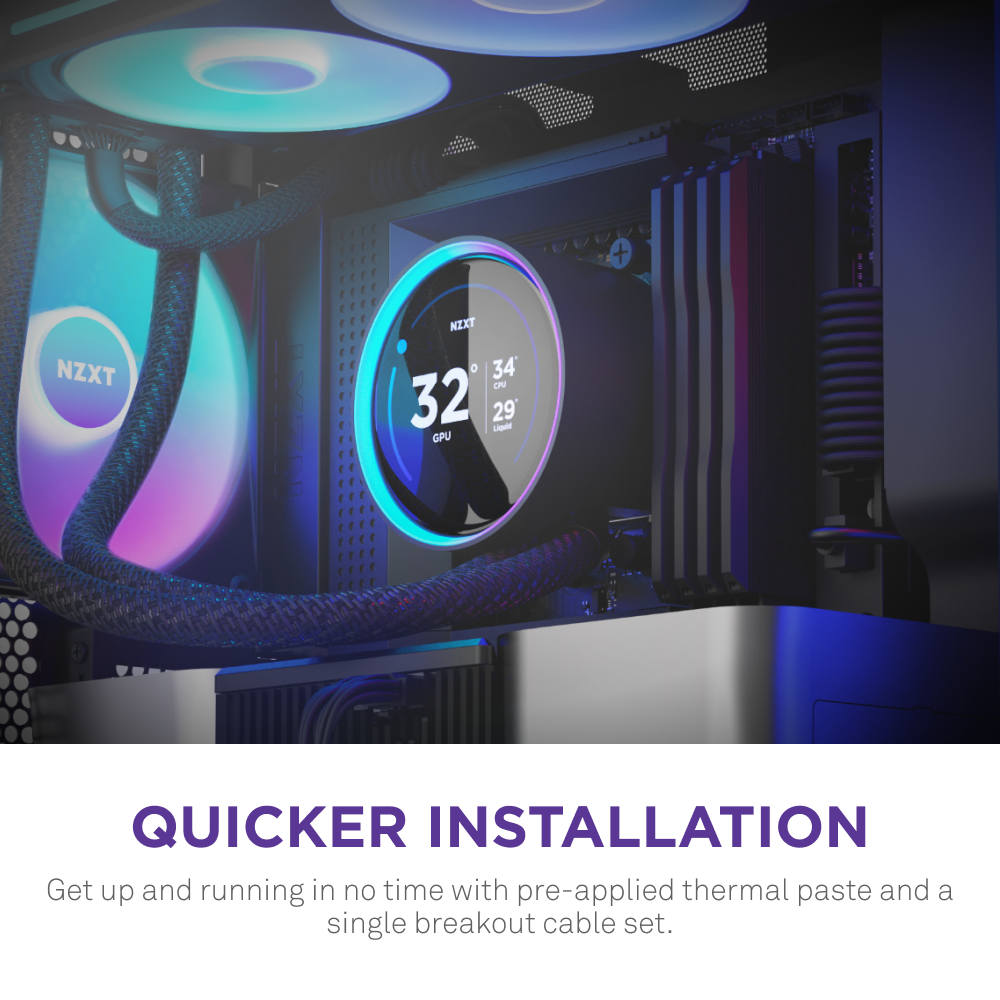 A close-up of the NZXT Kraken Elite 420 RGB CPU cooler with an RGB screen showing 32°C, surrounded by vibrant lighting. Text below reads: QUICKER INSTALLATION—pre-applied thermal paste and a single cable make setup easy.