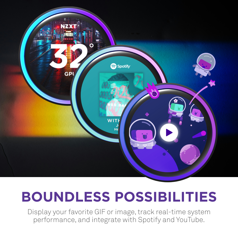 Three circular RGB screens show system stats, Spotify, and space-themed animations with astronauts. Text: Boundless Possibilities. Powered by NZXT Kraken Elite 420 RGB. Display GIFs, track performance, integrate apps easily.