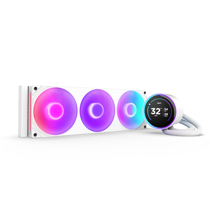 The NZXT Kraken Elite 420 RGB is a white liquid cooling system with three circular RGB fans in purple and pink, a round RGB screen showing temperature and fan speed, two white braided hoses, and an NZXT Turbine pump.