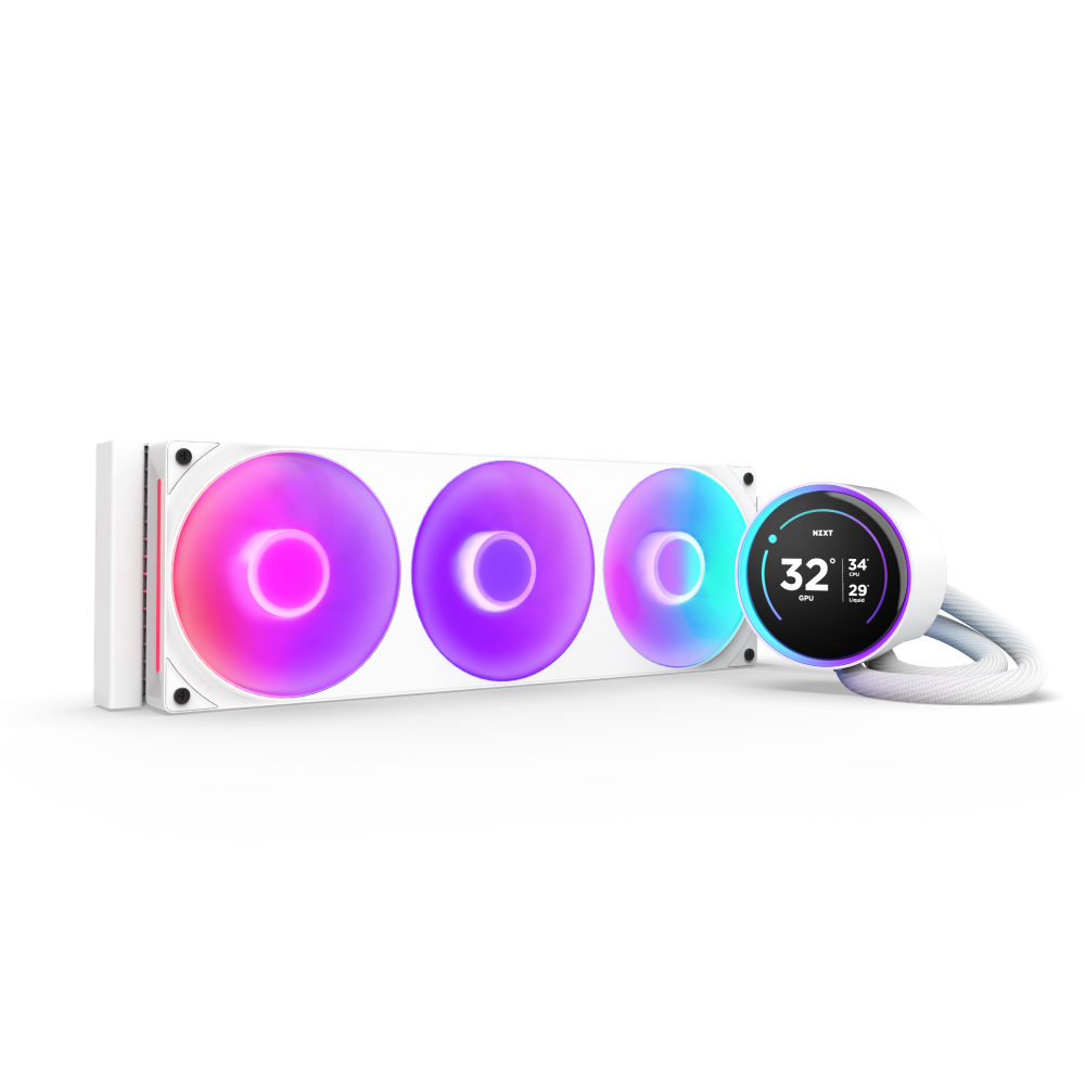 The NZXT Kraken Elite 420 RGB is a white liquid cooling system with three circular RGB fans in purple and pink, a round RGB screen showing temperature and fan speed, two white braided hoses, and an NZXT Turbine pump.