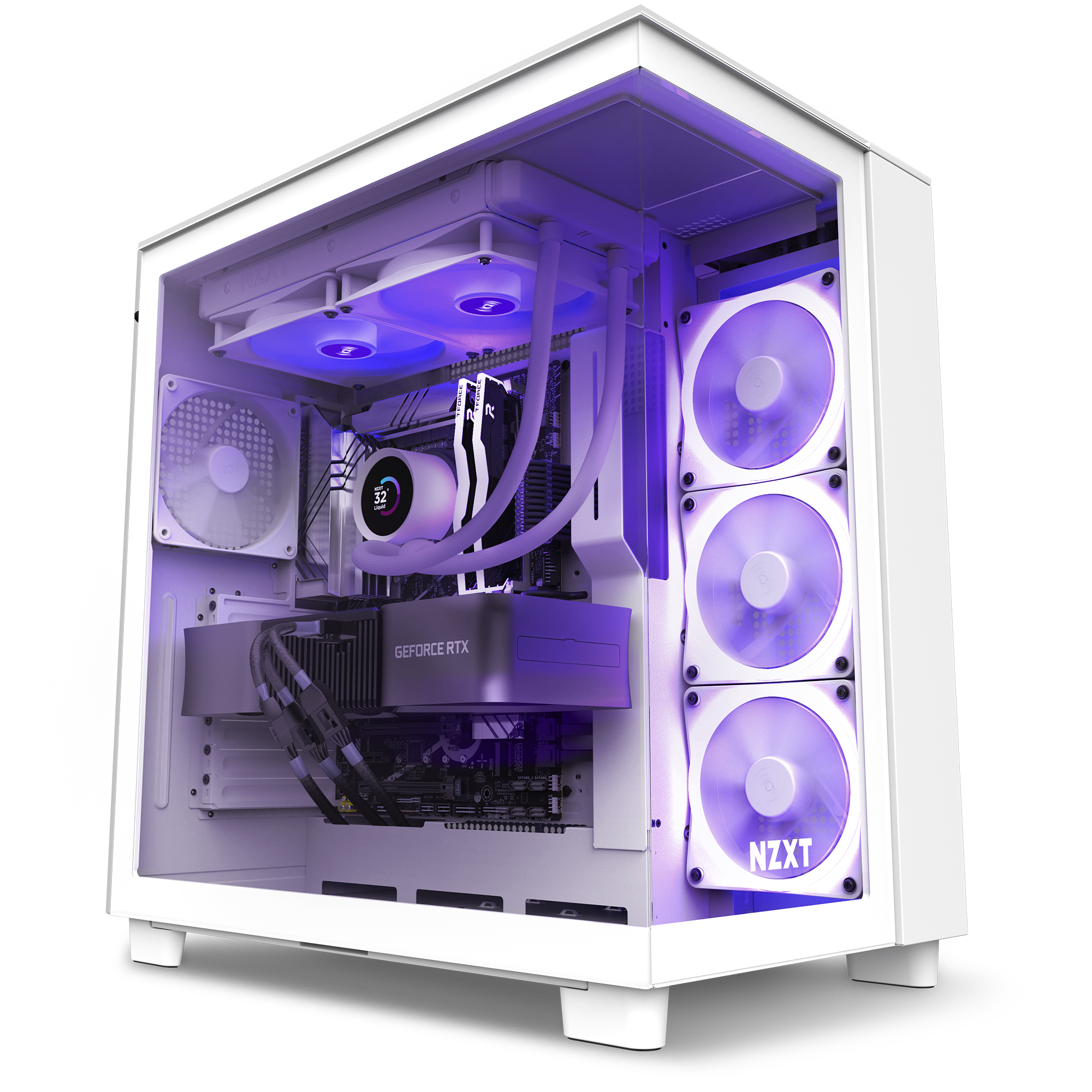 The Refurbished Custom Build - #8625 by NZXT is a white prebuilt gaming PC with a glass side panel, visible internal parts, NZXT cooling fans, GeForce RTX graphics, purple LED lighting, and a 2-year warranty for peace of mind.