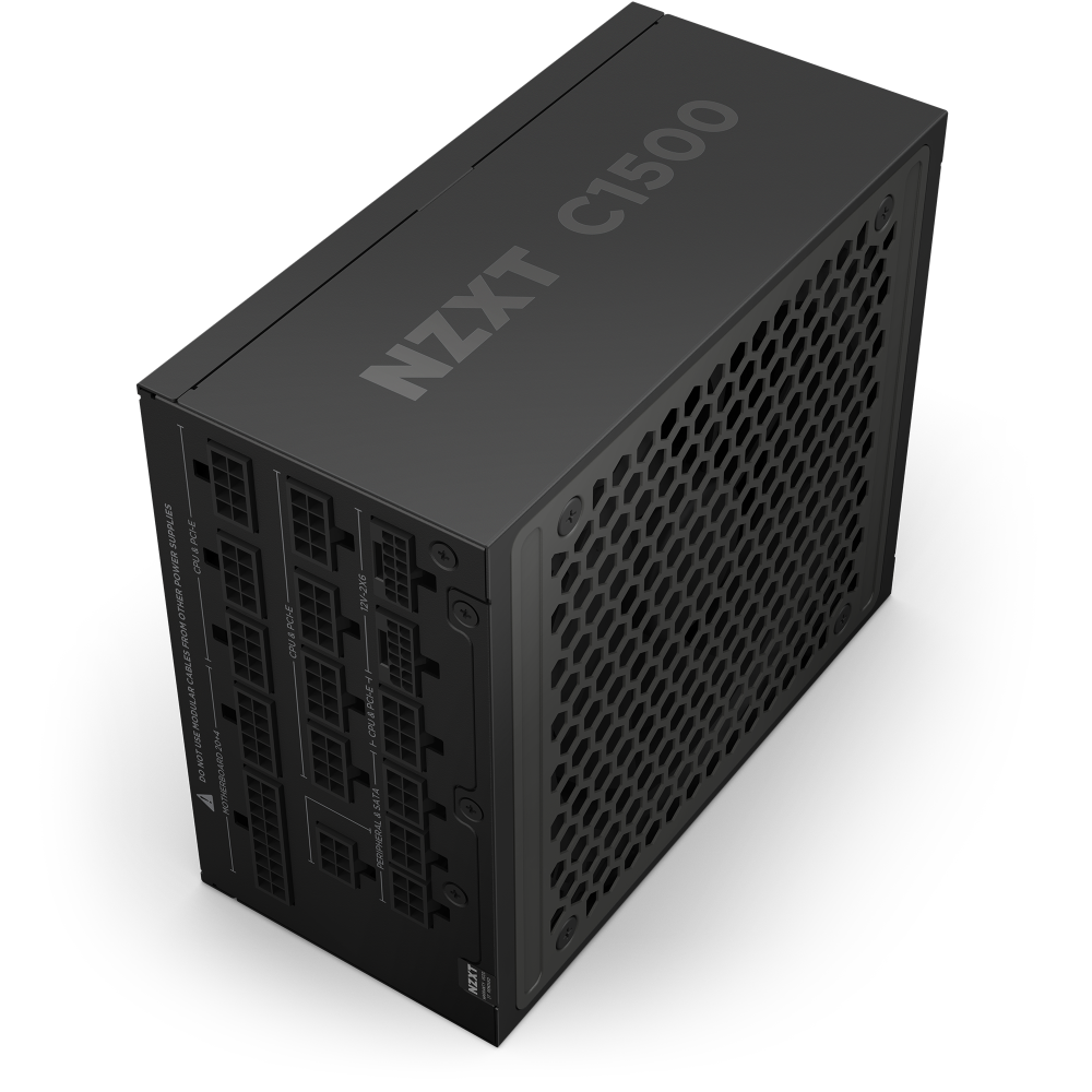 The NZXT C1500 Platinum ATX 3.1 PSU in black is shown angled, with modular cable ports, a honeycomb-patterned ventilation grille, and PCIe 5.1 connectivity support.