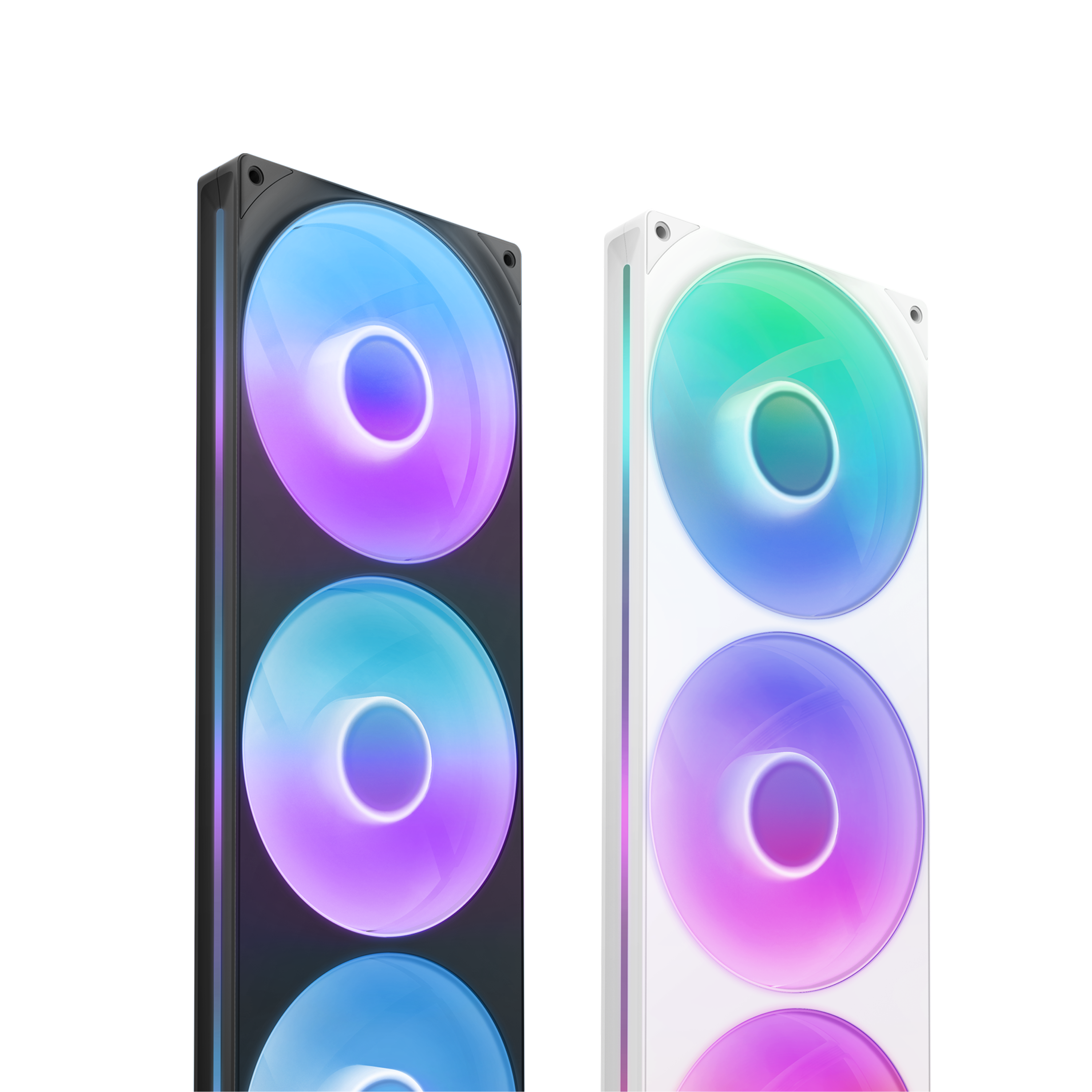 Two vertical PC cooling fans, one with a black frame and one with a white frame, both with colorful RGB lighting in shades of blue, purple, pink, and green.