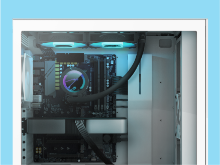 A close-up view of the interior of a desktop computer case showing a motherboard, cooling fans with blue LED lights, and visible cables against a light blue background.