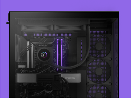 A gaming PC with purple LED lighting inside the case, showing cooling fans, a GeForce RTX graphics card, and a circular CPU cooler displaying a temperature of 32°C.