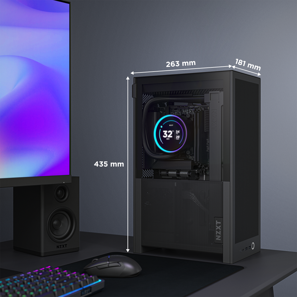 The NZXT H2 Mini PC | AMD Edition sits compactly on a desk at 435 mm tall, 263 mm deep, and 181 mm wide. Inside are an AMD Ryzen 7 9800X3D, NVIDIA GeForce RTX 5080, and a round digital temperature display.