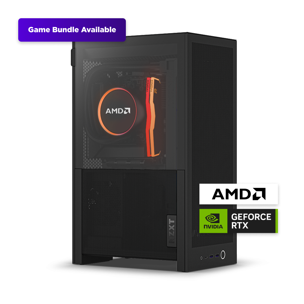 The NZXT H2 Mini PC | AMD Edition features an AMD Ryzen 7 9800X3D CPU and NVIDIA GeForce RTX 5080 GPU, visible through a transparent side panel. A "Game Bundle Available" label appears with AMD and Nvidia logos.