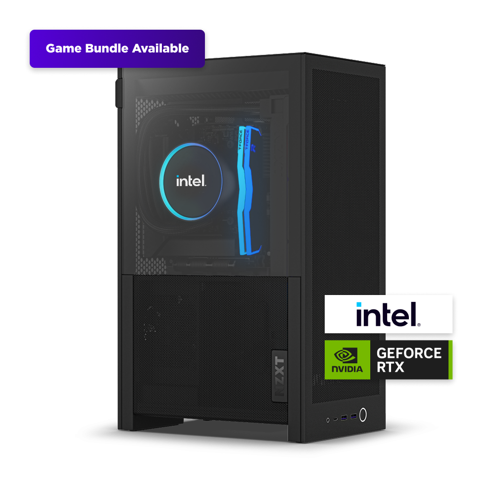 The NZXT H2 Mini PC | Intel Edition in black features a visible Intel processor and NVIDIA GeForce RTX 5080 logo on a light background, with a purple “Game Bundle Available” banner in the corner.