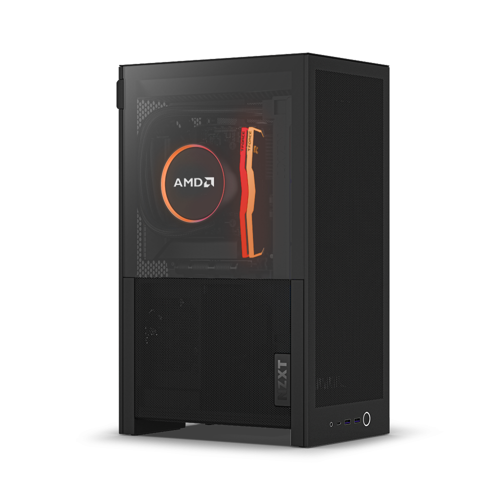 The black NZXT H2 Mini PC | AMD Edition mini-tower features a transparent side panel, showing an AMD Ryzen 7 9800X3D cooler and orange NVIDIA GeForce RTX 5080 GPU inside, set on a plain white background.