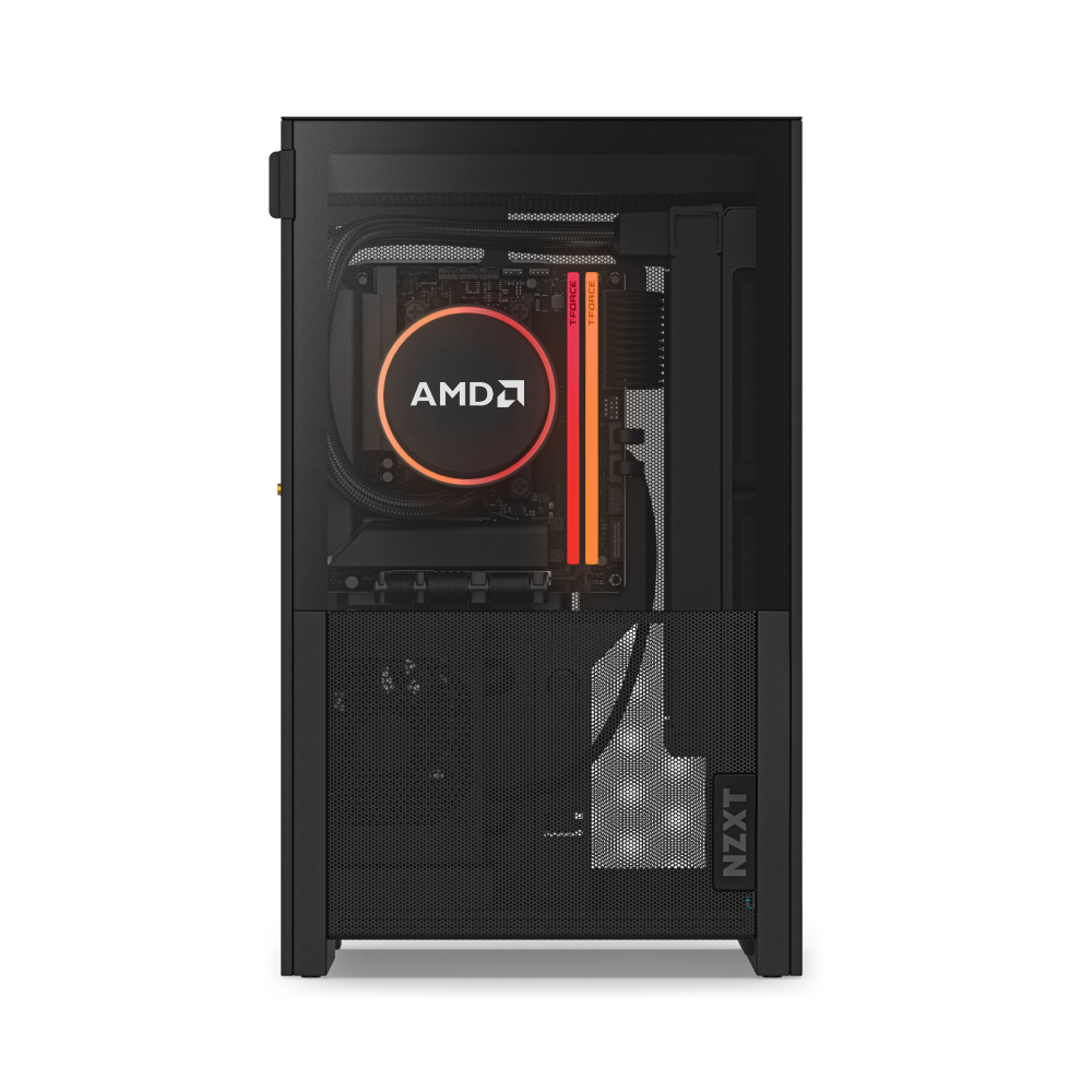 The NZXT H2 Mini PC | AMD Edition is a black case featuring an AMD Ryzen 7 9800X3D CPU, orange LED cooling fan, NVIDIA GeForce RTX 5080 GPU, motherboard, and neatly organized cables.