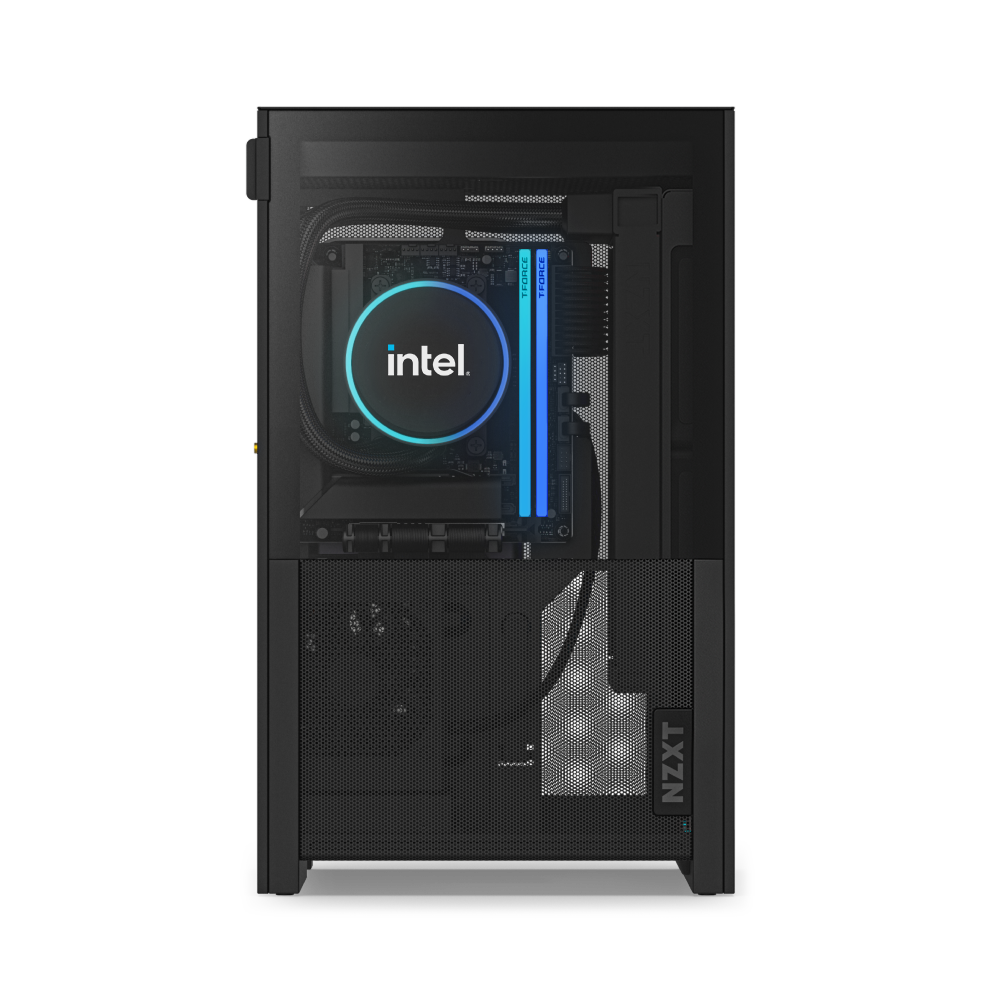 The NZXT H2 Mini PC | Intel Edition features a sleek black case with a transparent side panel, showcasing an Intel CPU cooler with RGB lighting, blue-lit vertical RAM sticks, and an NVIDIA GeForce RTX 5080 graphics card.