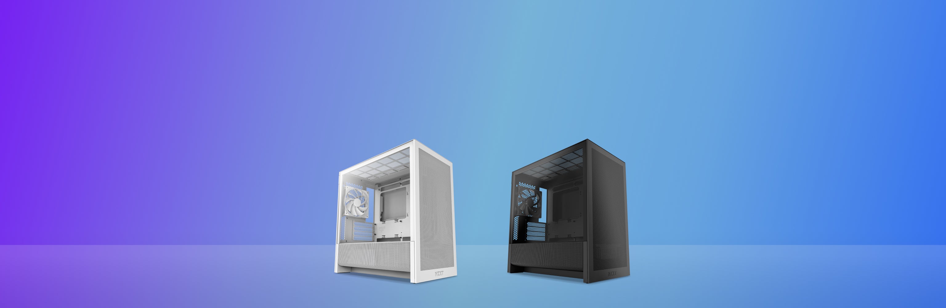 Two computer cases, one white and one black, are displayed side by side on a gradient blue and purple background. Both cases have transparent panels showcasing internal components.