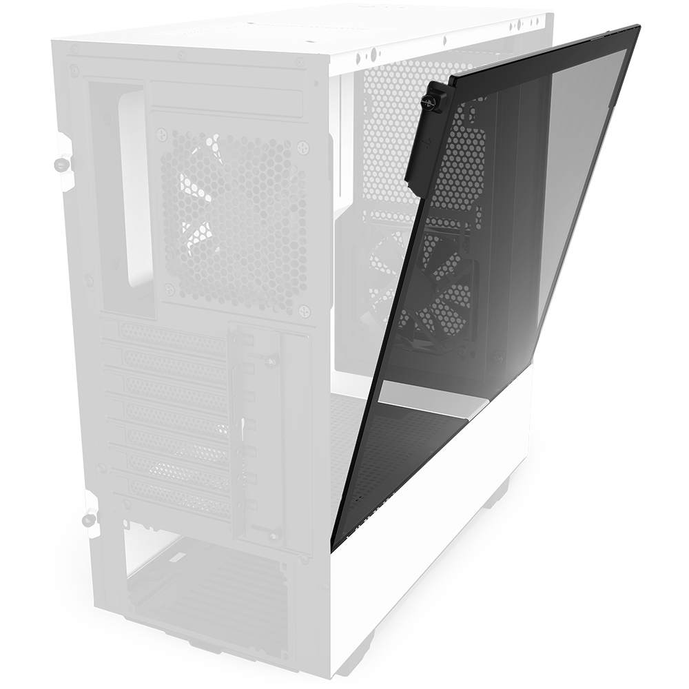 The NZXT H510 Elite Left Side Panel Tempered Glass by NZXT is shown partially open on a black and white computer tower, revealing empty expansion slots and an internal rear fan.
