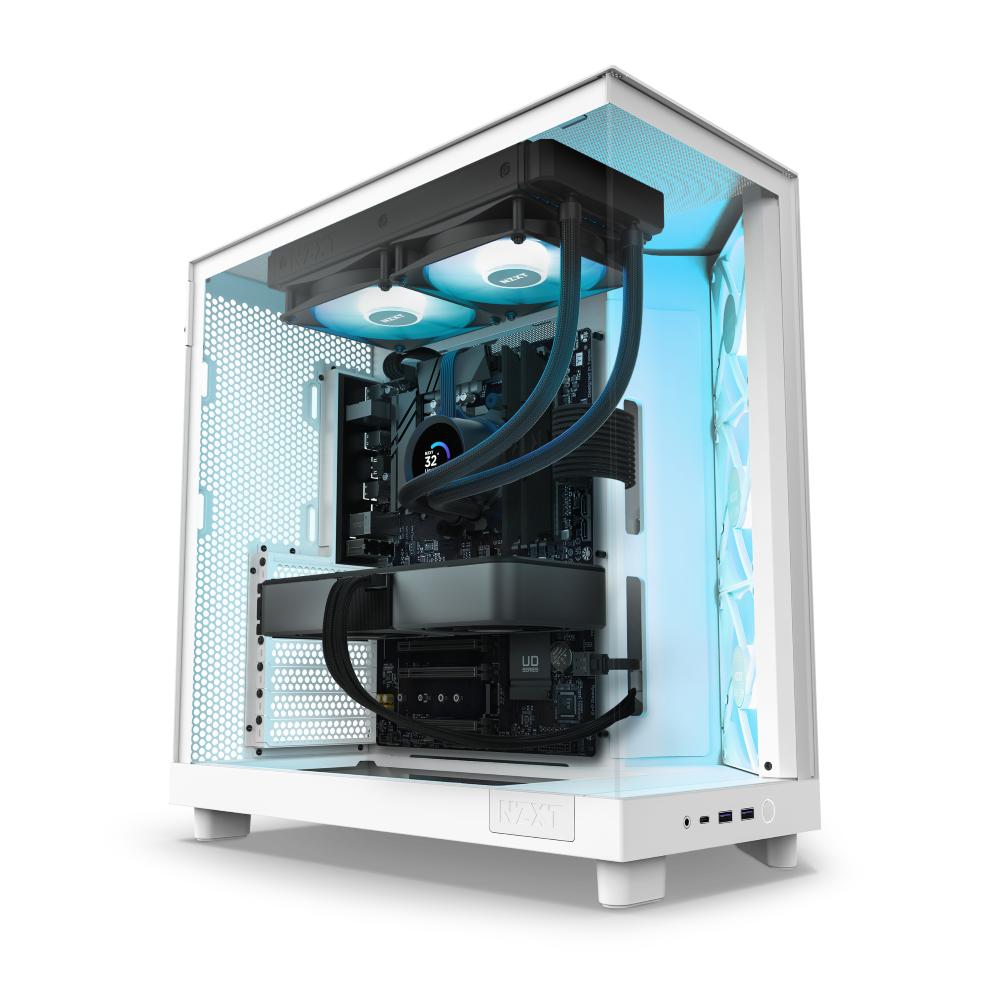 The NZXT Refurbished Player Two Prime (#8428) features a white case with transparent side panel, liquid cooling, RGB, blue accent lighting, and a graphics card—all refurbished for reliable gaming with a 2-year warranty included.