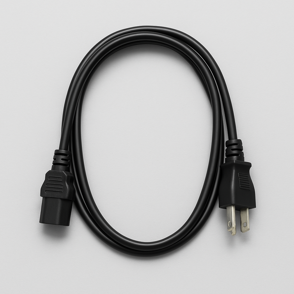 The NZXT IEC Power Cable (US 1.5m) is a black cable with a two-prong plug and rectangular socket, compatible with NZXT power supplies up to 850W, shown in an oval shape on a light gray background.