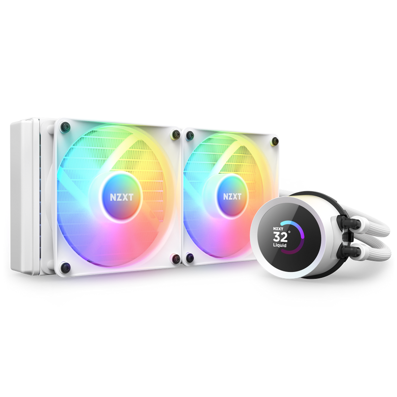 The NZXT Kraken 240 RGB is a white liquid CPU cooler featuring two RGB fans and a circular LCD pump display showing an optimal cooling temperature of 32°C.
