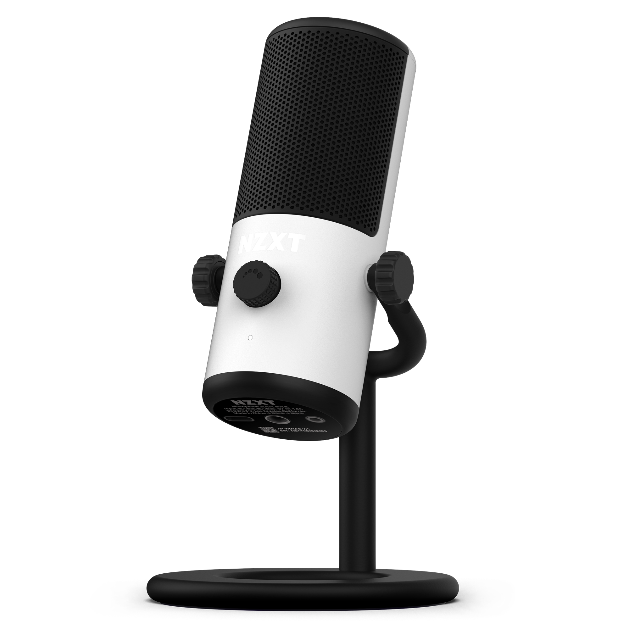 The NZXT Capsule Mini is a modern USB microphone with a white and black body, ideal for gaming, streaming, or content creation. It features control knobs, the NZXT logo on the front, and comes mounted on a round black stand.