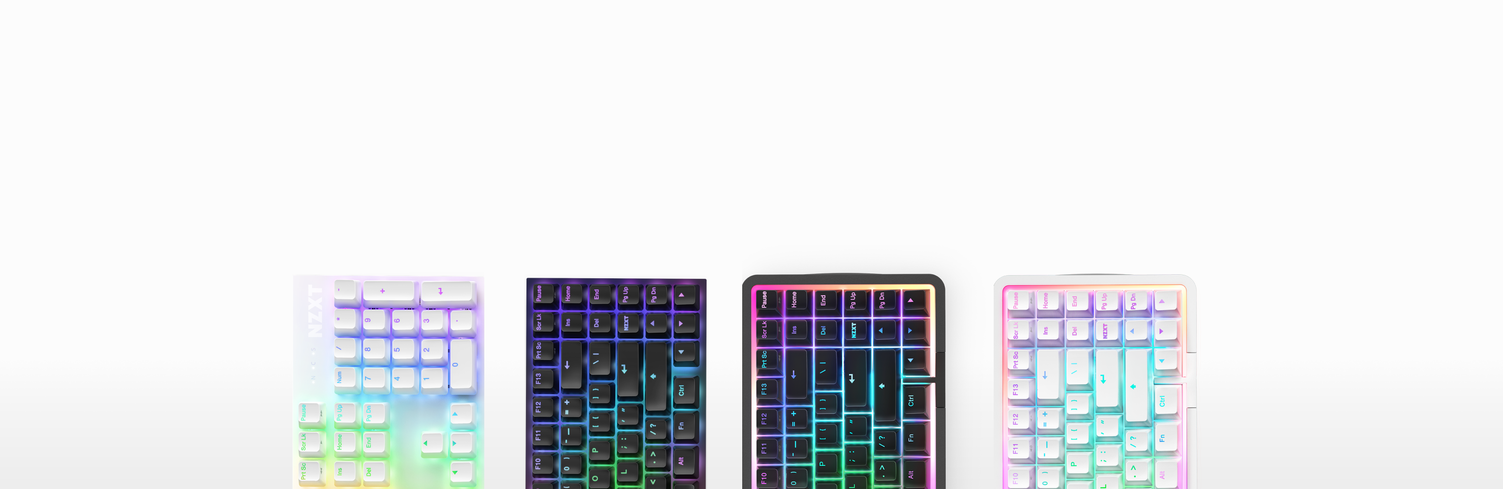 Four mechanical keyboards with RGB backlighting are displayed side by side against a white background. Each keyboard features a different color scheme and lighting pattern.
