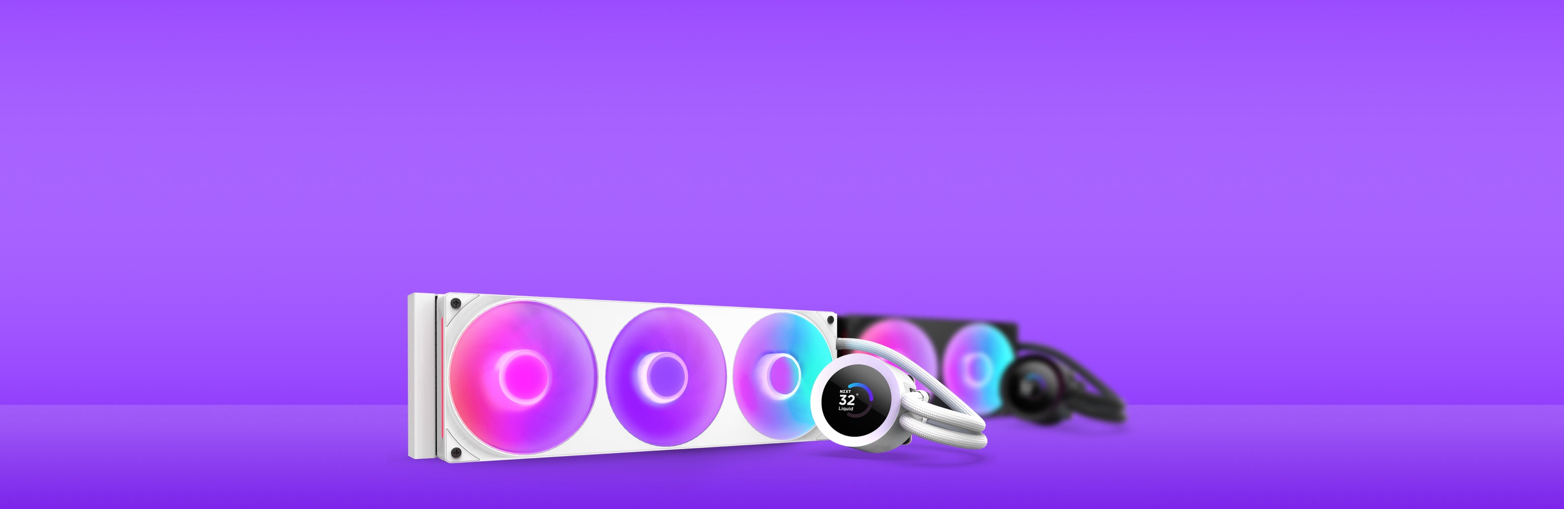 Three computer cooling fans with RGB lighting and a digital display are shown on a purple background, with additional similar cooling units blurred in the distance.