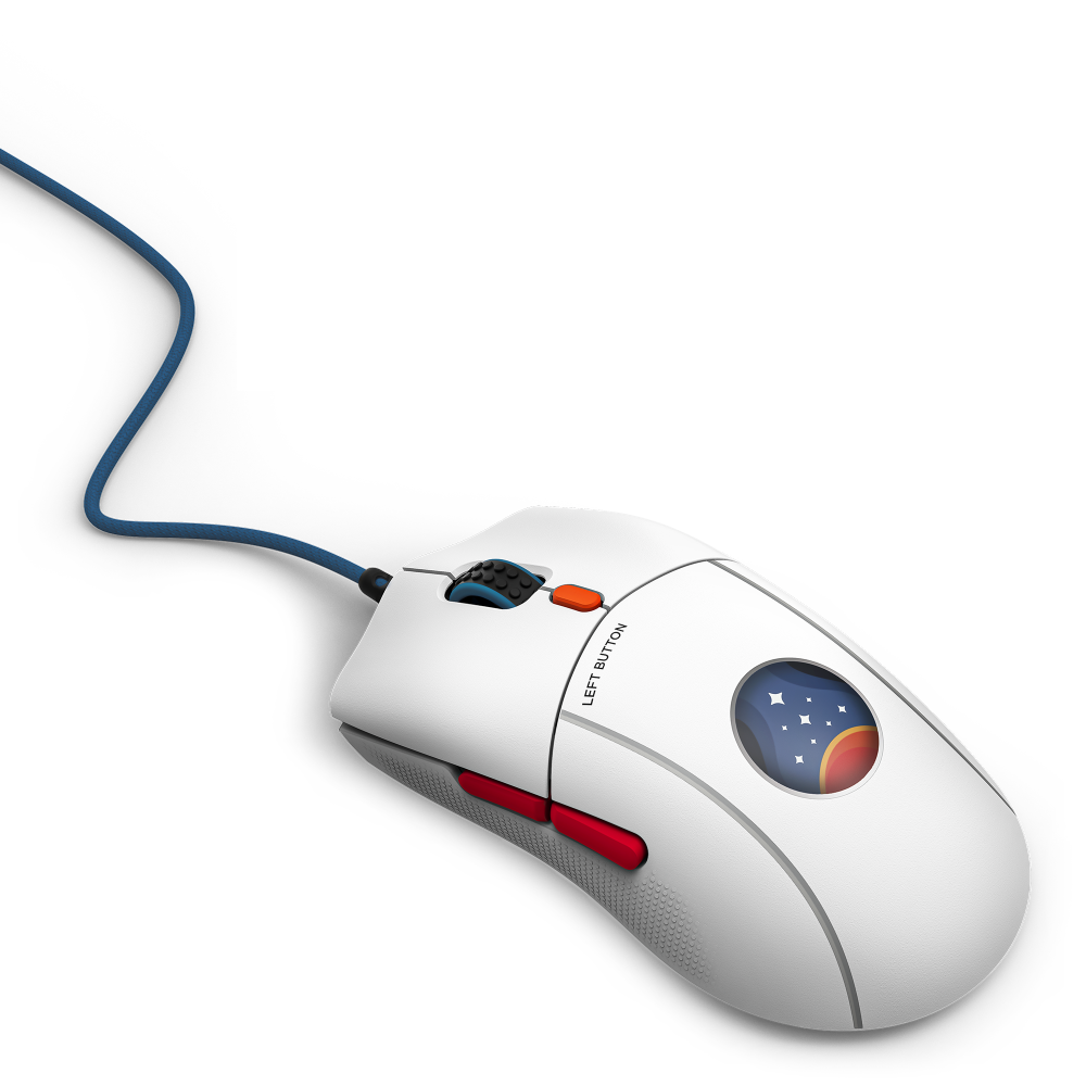 The NZXT Lift 2 Starfield is a white wired Limited Edition mouse featuring a blue scroll wheel, red side buttons, optical switches, and a circular night sky with stars and crescent moon illustration on its side.