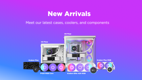 A promotional image with a purple-to-blue gradient background shows two white computer cases with RGB lighting, cooling fans, and cooling components. Text reads: “New Arrivals. Meet our latest cases, coolers, and components.”.