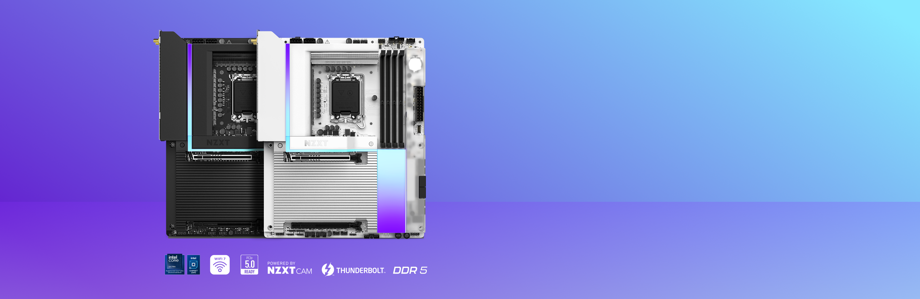 Two NZXT computer motherboards, one black and one white, are displayed side by side against a blue and purple gradient background with icons and text indicating support for Intel, WiFi 6E, NZXT CAM, Thunderbolt, and DDR5.