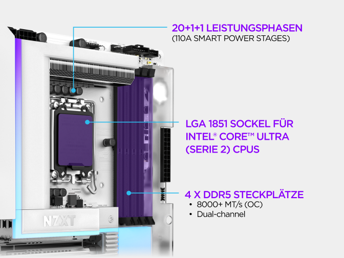 Nahaufnahme des NZXT N9 Z890 Mainboards mit Leistungsphasen-Design, LGA 1851-Sockel für Intel Core Ultra (Serie 2) Prozess...