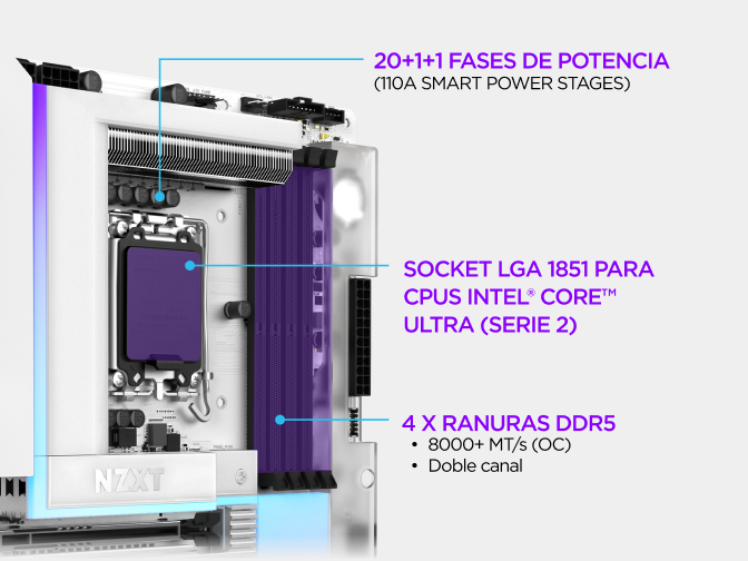 Primer plano de la placa base NZXT N9 Z890 con su diseño de fases de alimentación, el socket LGA 1851 para procesadores In...