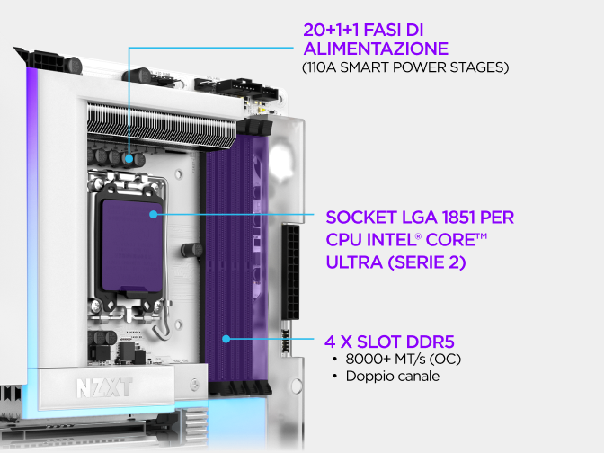 Primo piano della scheda madre NZXT N9 Z890 con il design delle fasi di alimentazione, il socket LGA 1851 per processori I...