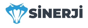 A blue stylized snake head logo is positioned to the left of the bold, black word Sinerji on a white background.