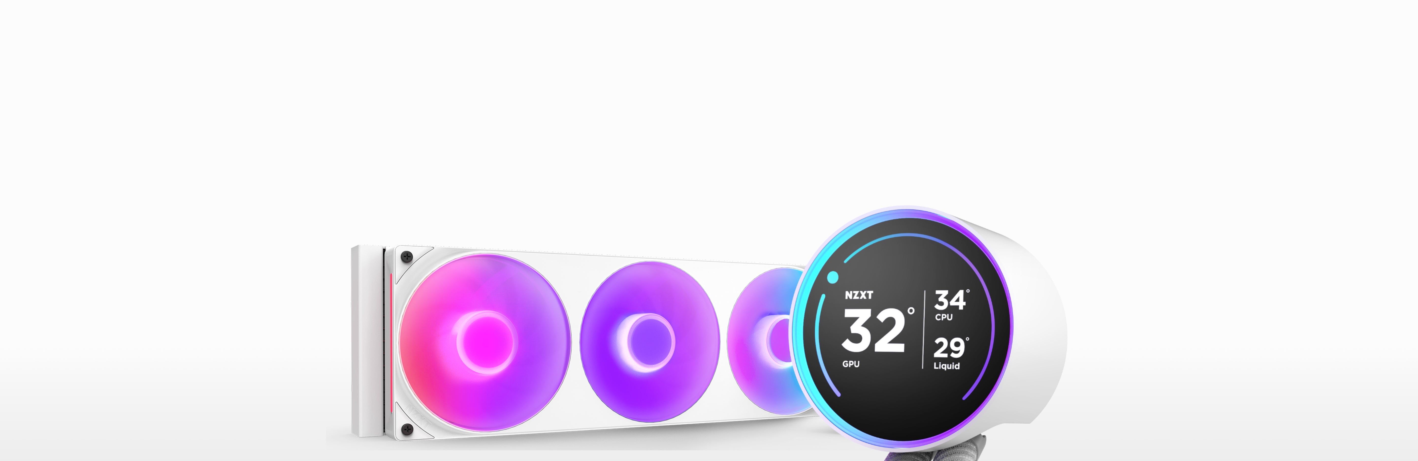 A white liquid CPU cooler with three RGB fans and a circular digital display showing CPU temperature and other stats. The fans emit colorful purple and pink light.