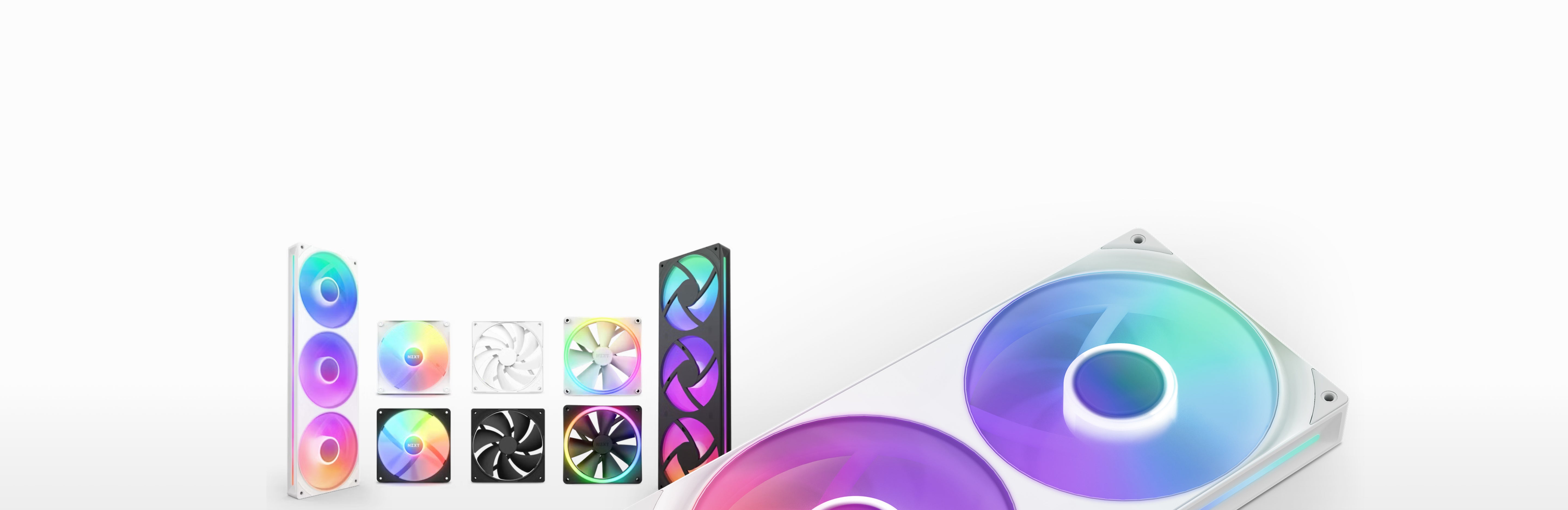 Various RGB computer cooling fans with colorful LED lights are displayed against a white background, showcasing different models and lighting effects.