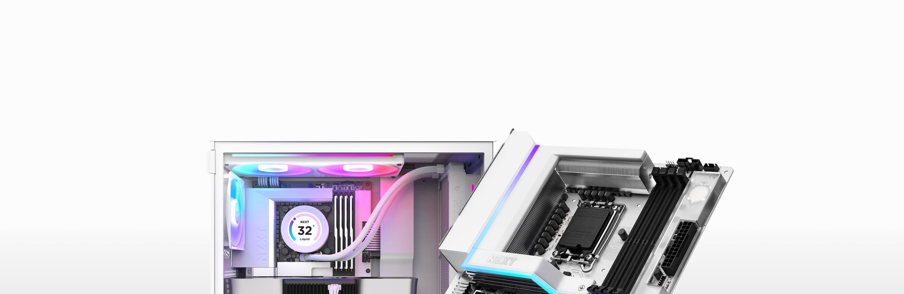 A white gaming PC case with RGB lighting and visible components, including a cooling system, RAM, and motherboard, with the side panel partially open to display the interior hardware.